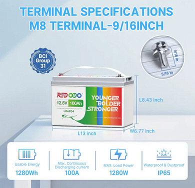 Redodo 12V 100Ah (LiFePo4, BMS 100A) + КАБЕЛІ до ІНВЕРТОРА (50см) 2