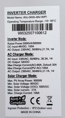 Anenji 5000W 48V ANJ-5KW-48V (5000VA/5000W, Max CH 100A, AC 60) Wi-Fi 10