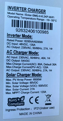 Изображение EASUN 6.2kW 48V ISolar-SMG-II-6.2KP-48V (6200VA/6200W, Max CH 120A, AC 80) Wi-Fi - оригинальный размер 14