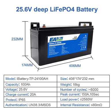 Изображение EASUN 24V 100Ah IBattery-TP-24100AH (LiFePo4, BMS) - оригинальный размер 3