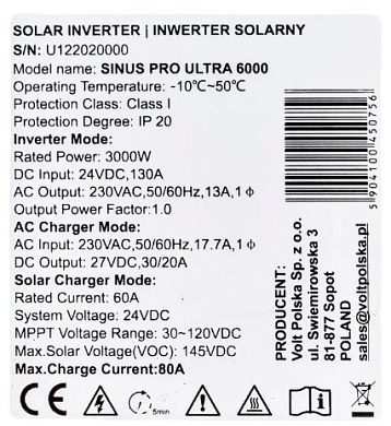 Изображение Volt Polska SINUS PRO ULTRA 6000 24V (3000W, Max СH 60A, AC 20-30, 60MPPT - 145V) - оригинальный размер 5
