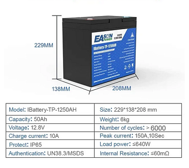 Изображение EASUN 12V 50Ah IBattery-TP-1250AH (LiFePo4, BMS) - оригинальный размер 3