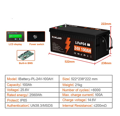 Изображение Powland 24V 100Ah IBattery-PL-24V-100AH (LiFePo4, BMS) - оригинальный размер 2