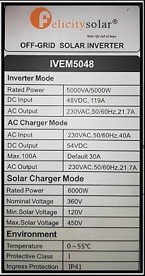 Изображение Felicity 5kW 48V IVEM5048 (5000VA/5000W, Max CH 100A, AC 100A) - оригинальный размер 7