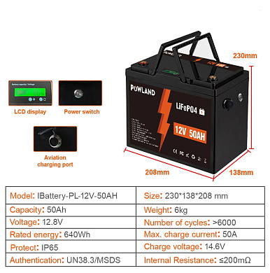 Изображение Powland 12V 50Ah IBattery-PL-12V-50AH (LiFePo4, BMS) - оригинальный размер 2