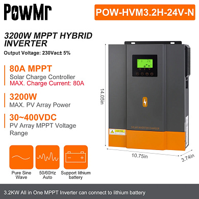 Изображение PowMr 3200W 24V POW-HVM3.2H-24V-N (Max СH 80A, AC 60) - оригинальный размер 9
