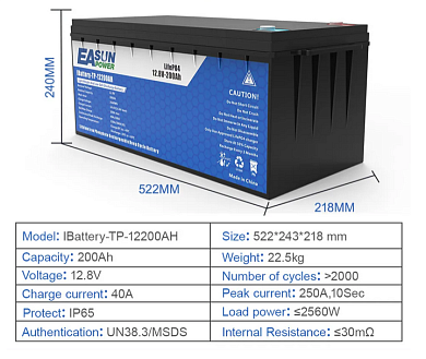 Изображение EASUN 12V 200Ah IBattery-TP-12200AH (LiFePo4, BMS) - оригинальный размер 2