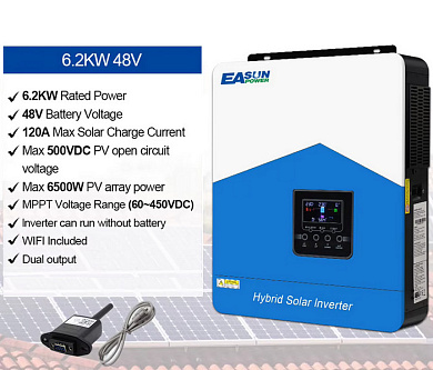 EASUN 6.2kW 48V ISolar-SMH-III-6.2KW (6200VA/6200W, Max CH 120A, AC 100) Wi-Fi 2