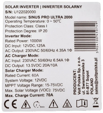Изображение Volt Polska SINUS PRO ULTRA 2000 12V (1000W, Max СH 60A, AC 10-20, 60MPPT - 75V) - оригинальный размер 5