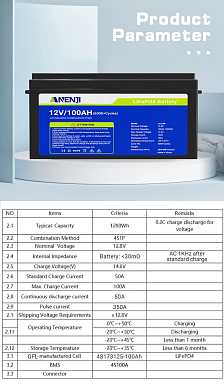 Изображение Anenji 12V 100Ah ANJ-12V-100AH-H (LiFePo4, BMS 100A) - оригинальный размер 3