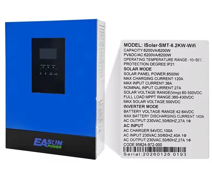EASUN 6.2kW 48V ISolar-SMT-6.2KW (6200VA/6200W, Max CH 120A, AC 100) Wi-Fi 8