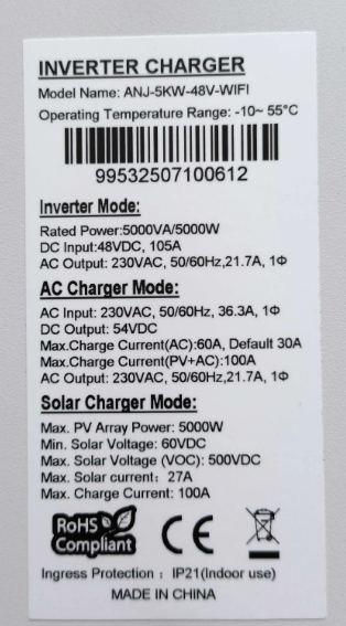 Anenji 5000W 48V ANJ-5KW-48V (5000VA/5000W, Max CH 100A, AC 60) Wi-Fi 10
