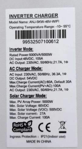 Anenji 5000W 48V ANJ-5KW-48V (5000VA/5000W, Max CH 100A, AC 60) Wi-Fi 10