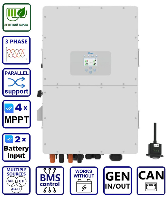 Гібридний інвертор сонячний Deye SUN-50K-SG01HP3-EU-BM4, HV (50kW, 160-800V, 3Ph, 4-MPPT) Wi-Fi