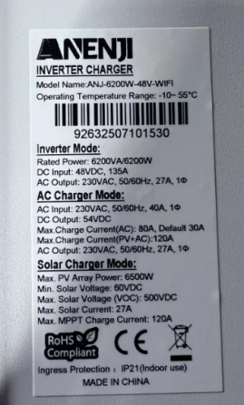 Anenji 6200W 48V ANJ-6200W-48V (6200VA/6200W, Max CH 120A, AC 80) Wi-Fi 8