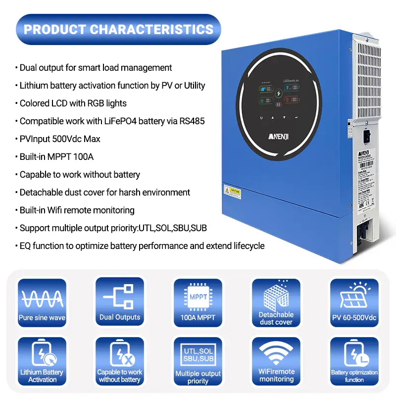 Anenji 5000W 48V ANJ-5KW-48V (5000VA/5000W, Max CH 100A, AC 60) Wi-Fi 3