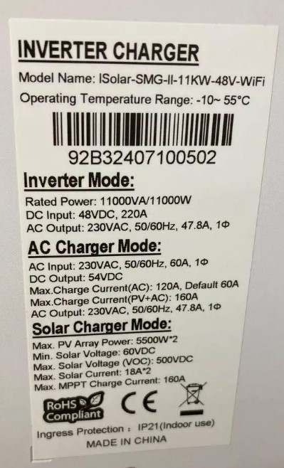 EASUN 11kW 48V ISolar SMG-II-11KW-48V (11000VA/11000W, Max CH 160A, AC 120) Wi-Fi 11