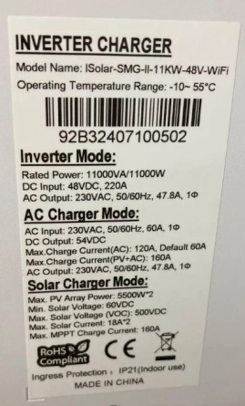 EASUN 11kW 48V ISolar SMG-II-11KW-48V (11000VA/11000W, Max CH 160A, AC 120) Wi-Fi 11