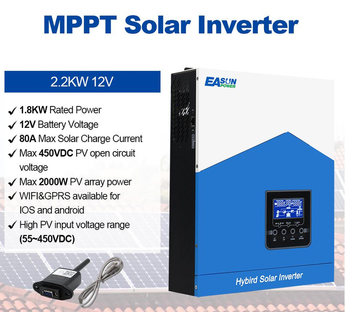 EASUN 2.2kW 12V ISolar-SMH-II-2.2KW (2200VA/1800W, Max CH 80A, AC 60) Wi-Fi 2