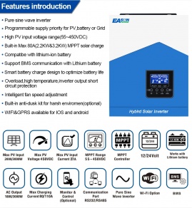 EASUN 2.2kW 12V ISolar-SMH-II-2.2KW (2200VA/1800W, Max CH 80A, AC 60) Wi-Fi 5