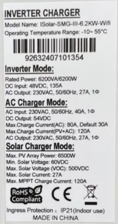 Изображение EASUN 6.2kW 48V ISolar-SMG-III-6.2KW (6200VA/6200W, Max CH 120A, AC 80) Wi-Fi - оригинальный размер 9