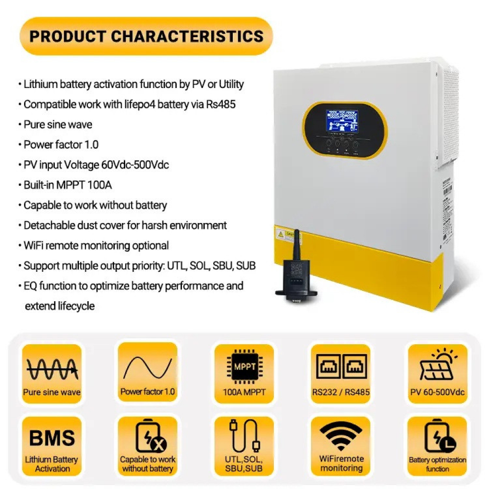 Anenji 3500W 24V EM3500-24L (3500VA/3500W, Max CH 100A, AC 80) Wi-Fi 3