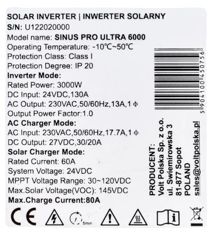 Изображение Volt Polska SINUS PRO ULTRA 6000 24V (3000W, Max СH 60A, AC 20-30, 60MPPT - 145V) - оригинальный размер 5