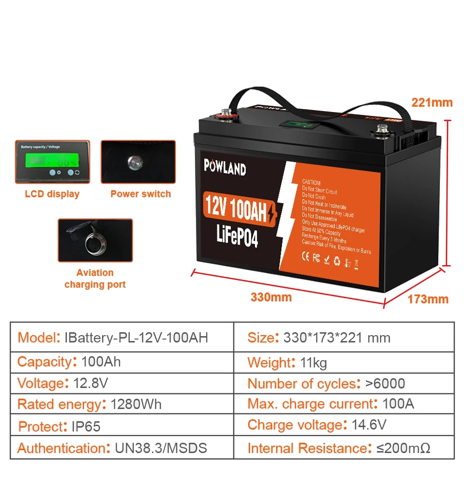 Powland 12V 100Ah IBattery-PL-12V-100AH (LiFePo4, BMS) 2