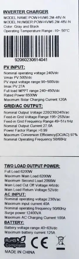 Изображение PowMr 6200W 48V POW-HVM6.2M-48V-N (Max CH 120A, AC 100) - оригинальный размер 6