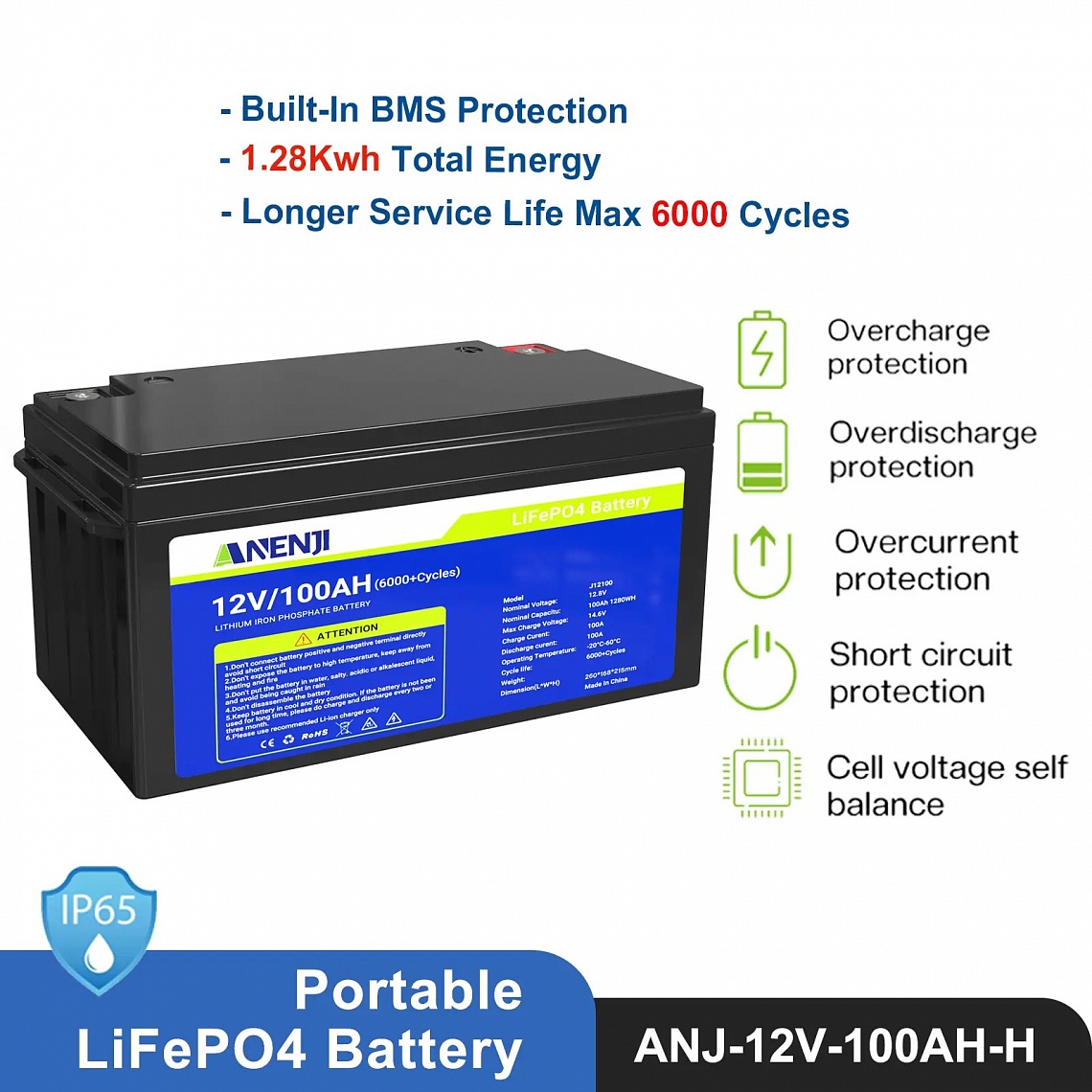 Изображение Anenji 12V 100Ah ANJ-12V-100AH-H (LiFePo4, BMS 100A) - оригинальный размер 2