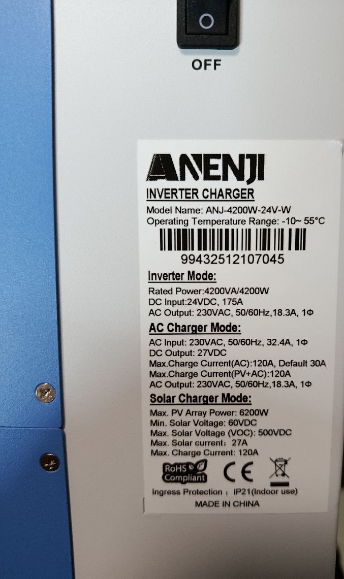 Anenji 4200W 24V ANJ-4200W-24V-W (4200VA/4200W, Max CH 120A, AC 120) Wi-Fi 7