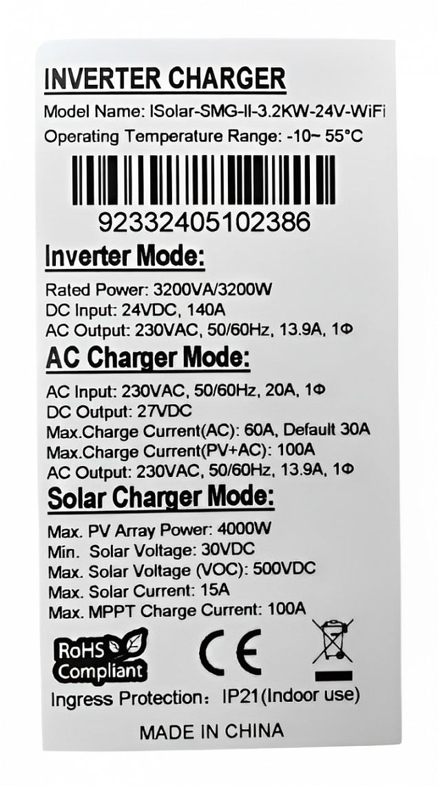 Изображение EASUN 3.2kW 24V ISolar-SMG-II-3.2KW-24V (3200VA/3200W, Max CH 100A, AC 60) Wi-Fi - оригинальный размер 11