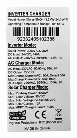 Изображение EASUN 3.2kW 24V ISolar-SMG-II-3.2KW-24V (3200VA/3200W, Max CH 100A, AC 60) Wi-Fi - оригинальный размер 11