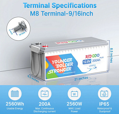Просмотреть детальное фото LifePo4 аккумуляторные батареи Redodo 12V 200Ah Plus (LiFePo4, BMS 200A) 2 Изображение Redodo 12V 200Ah Plus (LiFePo4, BMS 200A) - оригинальный размер 2